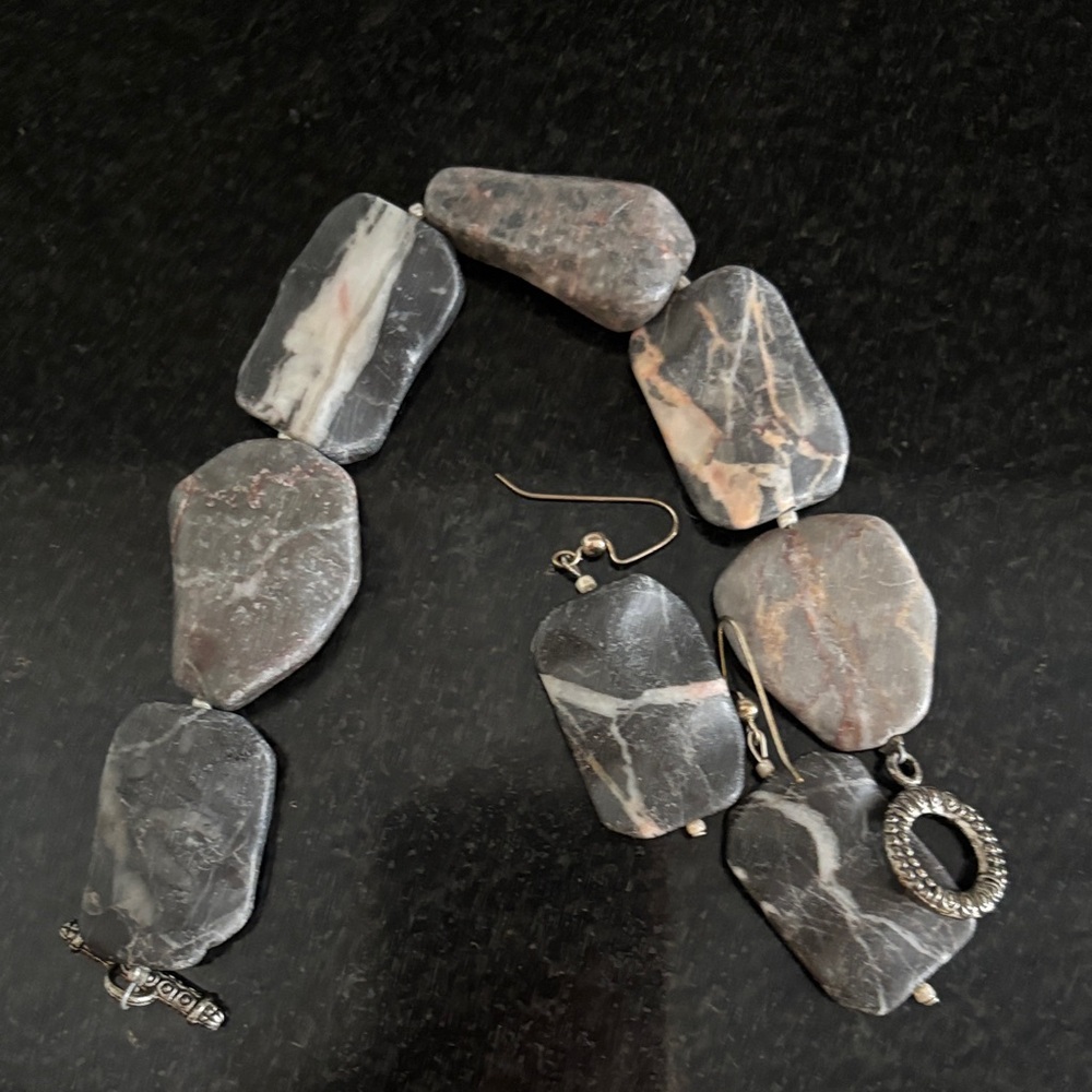 Gray Marbled Stone Bracelet with Silver Accents